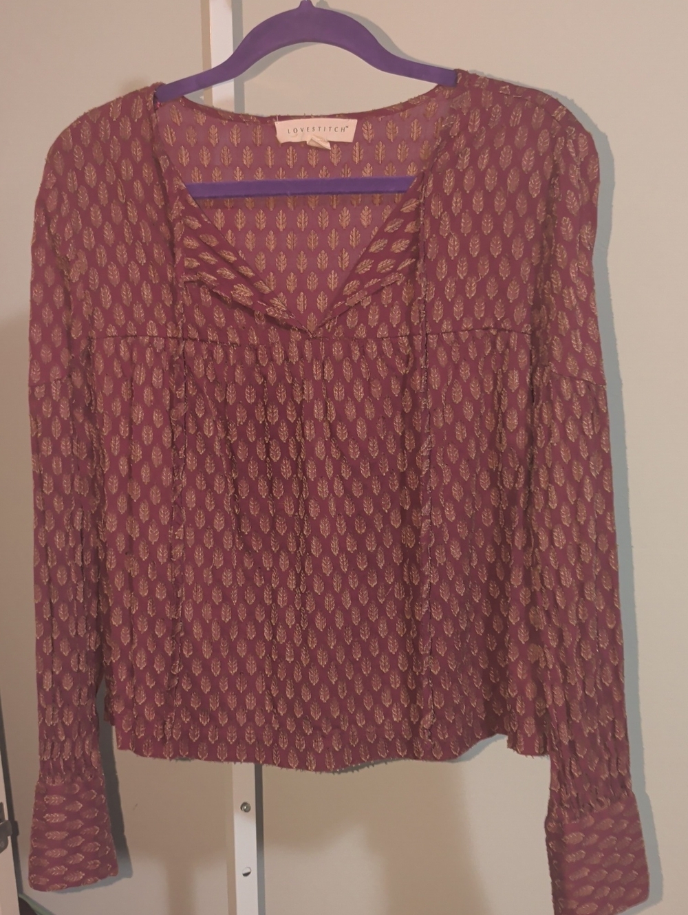 Lovestitch Mauve Gold Leaf Jacquard Boho V-Neck Long Sleeve Blouse Women's Large